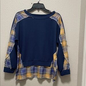 Plaid Patchwork Women Sweater - Blue and Yellow